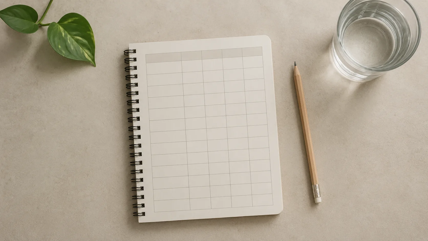 Boş belirti takip çizelgesi olan spiral defter, kurşun kalem ve bir bardak su; günlük PMDD belirti kaydını temsil eden sade görsel